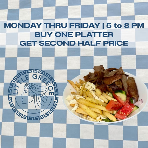 Little Greece platter with gyro meat, fries, feta, tomatoes, and cucumbers on a blue and white checkered background.